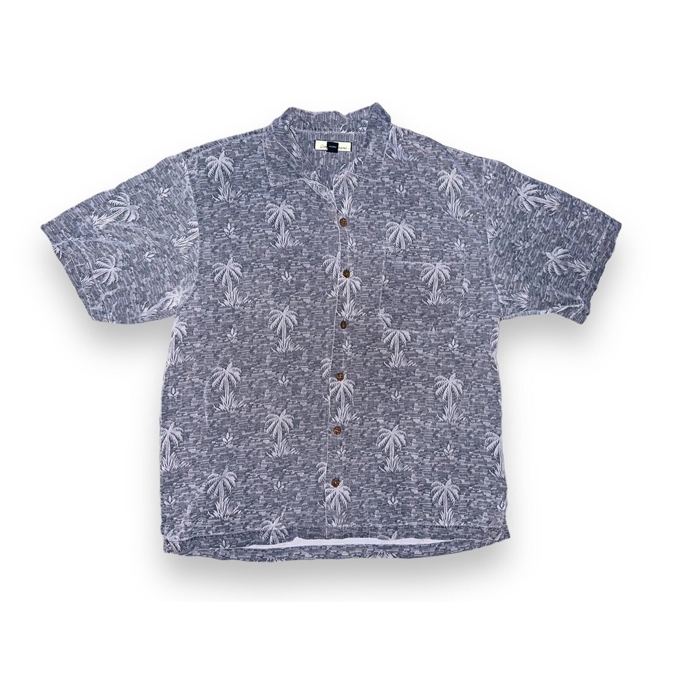 B1 Tommy Bahama Silk Button Front Short Sleeve Shirt Large Palm Tree Print Gray